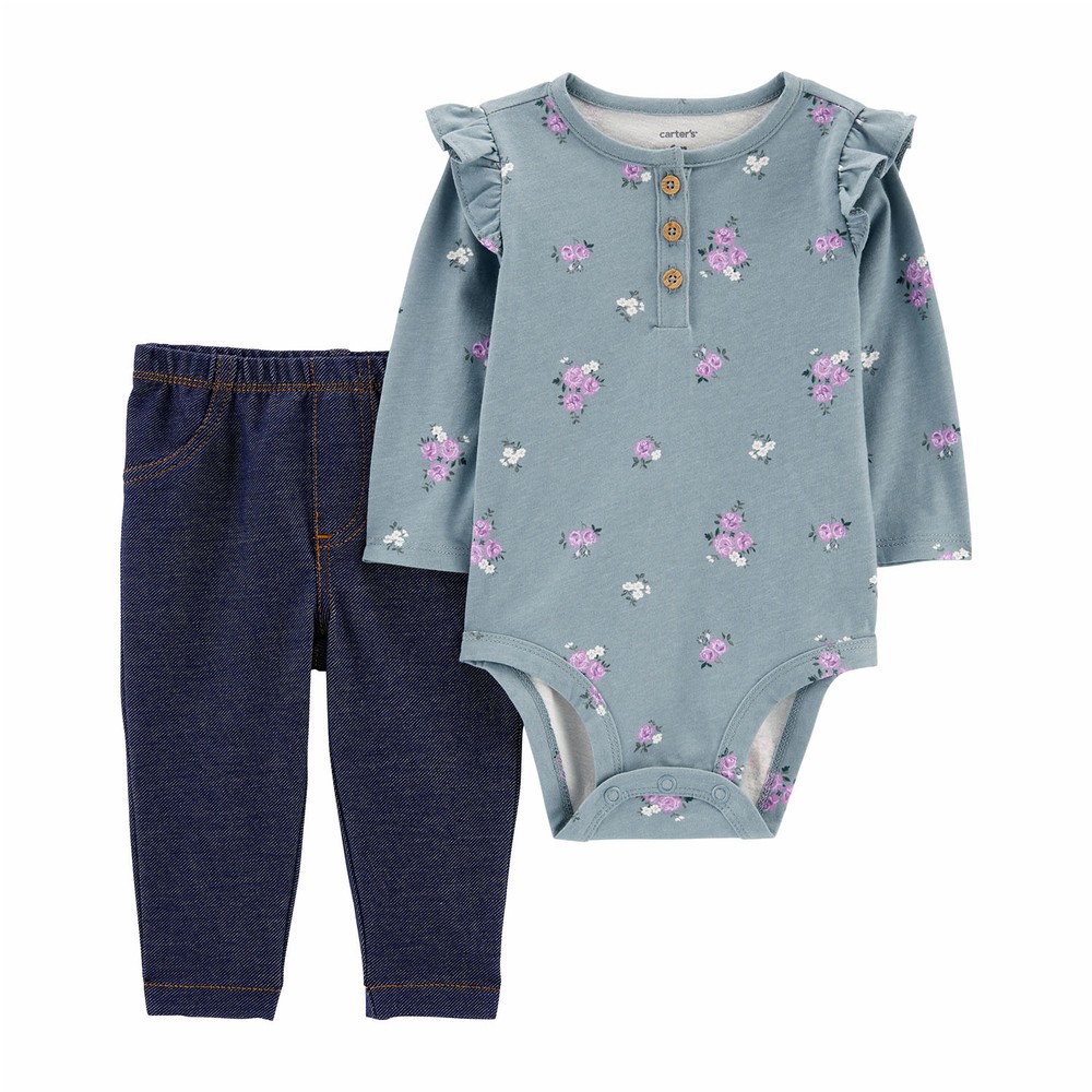 Carter's 2pc Baby Girl Ebony Bodysuit and Blue Floral Pants Set main image 0