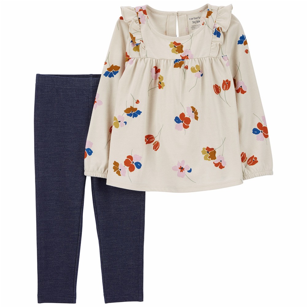 Babyhug Cotton Knit Singlet Top & Denim Pants Set With Floral Print - Multicolor