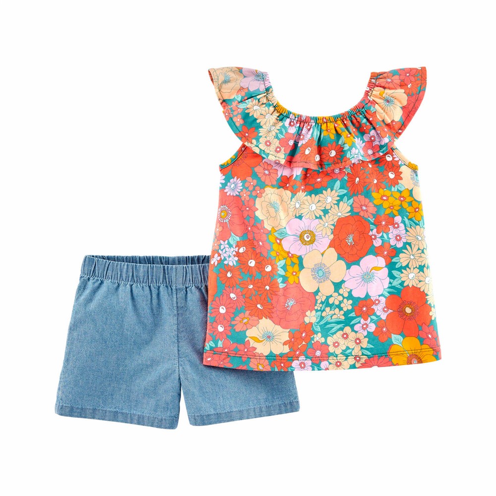 Carter's 2pc Toddler Girl Green Floral Top and Shorts Set main image 1